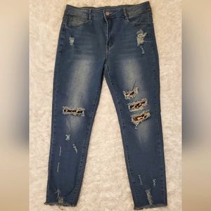 NWT- Distressed Ankle Jeans with Animal Print, Size Large (10-12)